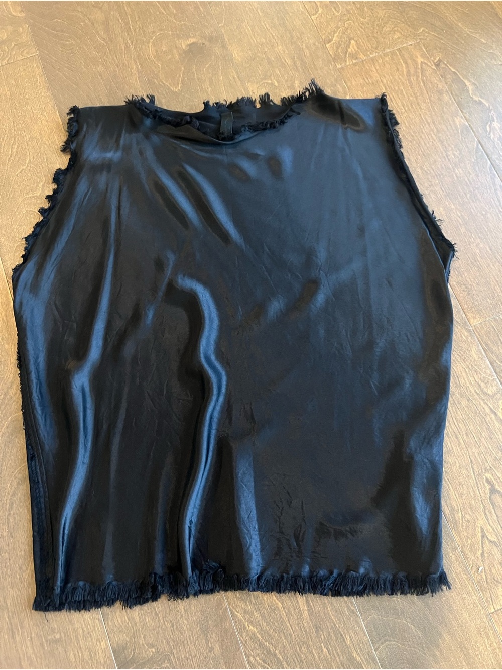 Black Satin Sleeveless Frayed-Trim Blouse